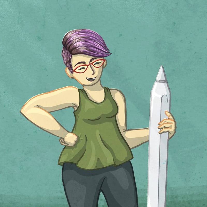 an illustration of a woman with short purple hair holding a human-sized Apple Pencil